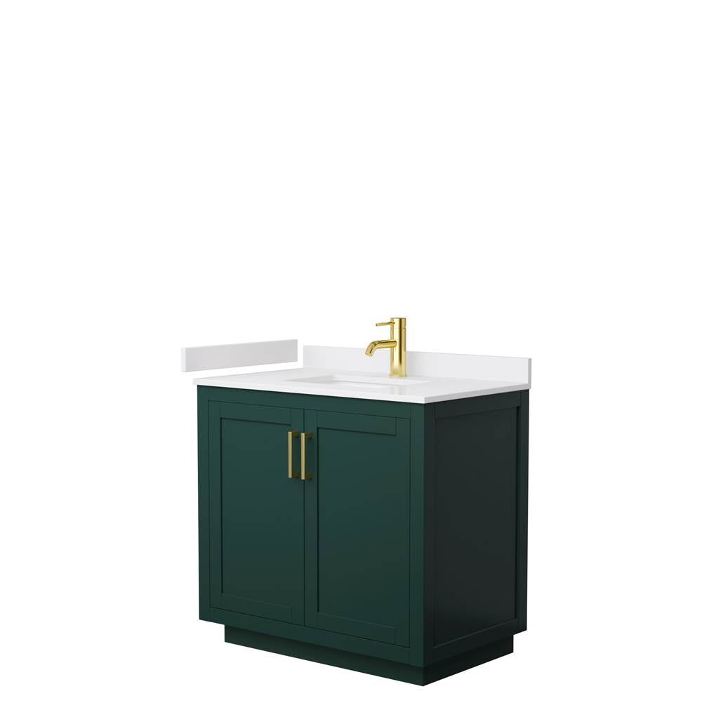 Wyndham Collection - Miranda 36 Inch Single Bathroom Vanity in Green, White Cultured Marble Countertop, Undermount Square Sink, Brushed Gold Trim