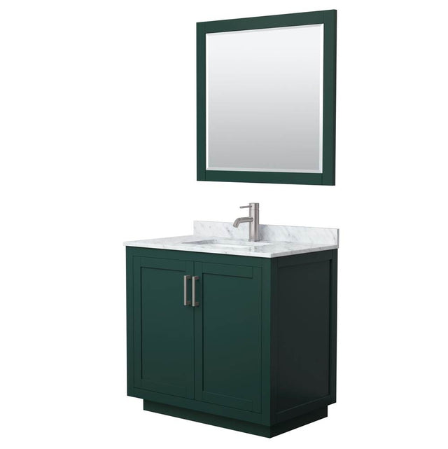 Wyndham Collection - Miranda 36 Inch Single Bathroom Vanity in Green, White Carrara Marble Countertop, Undermount Square Sink, Brushed Nickel Trim, 34 Inch Mirror
