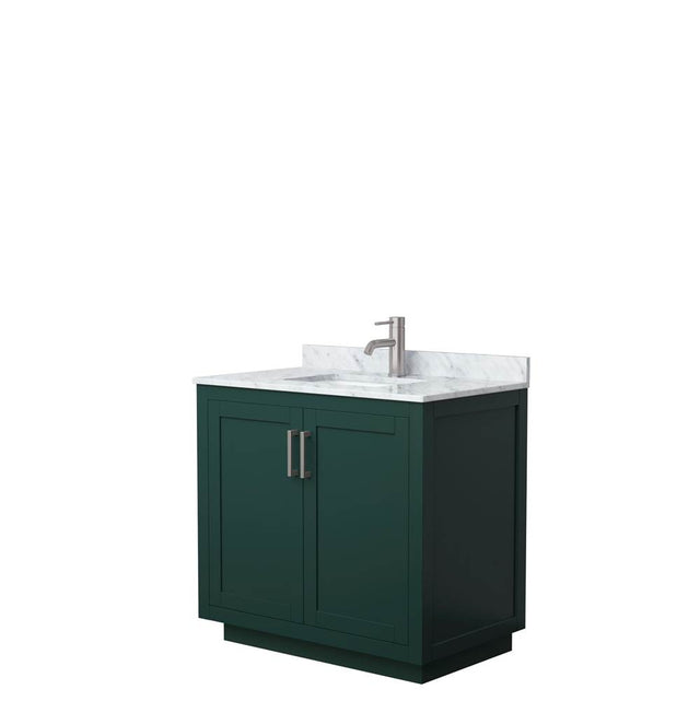 Wyndham Collection - Miranda 36 Inch Single Bathroom Vanity in Green, White Carrara Marble Countertop, Undermount Square Sink, Brushed Nickel Trim