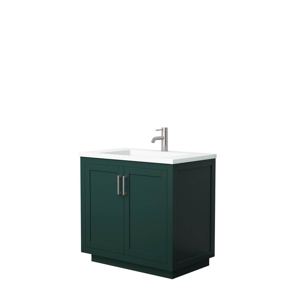 Wyndham Collection - Miranda 36 Inch Single Bathroom Vanity in Green, 1.25 Inch Thick Matte White Solid Surface Countertop, Integrated Sink, Brushed Nickel Trim