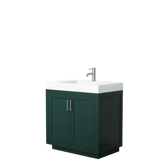 Wyndham Collection - Miranda 36 Inch Single Bathroom Vanity in Green, 4 Inch Thick Matte White Solid Surface Countertop, Integrated Sink, Brushed Nickel Trim