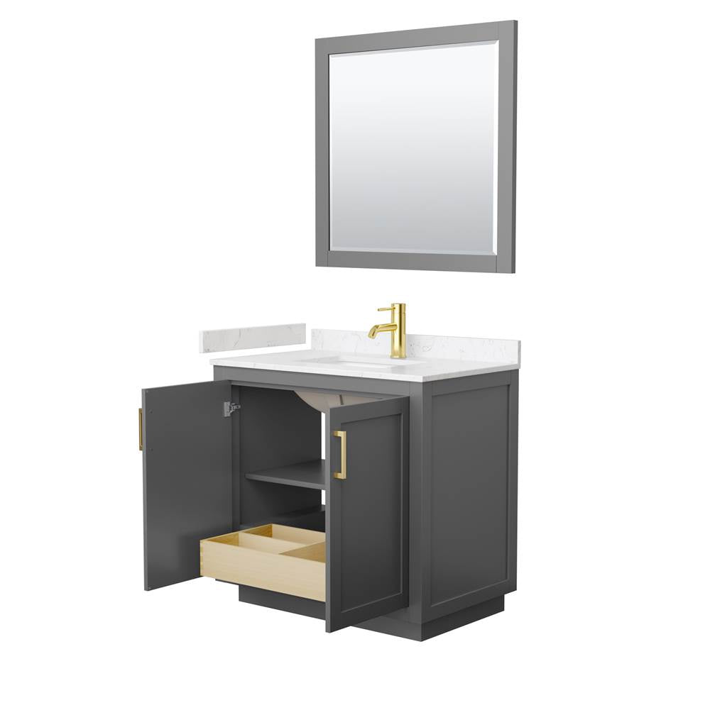 Miranda 36 Inch Single Bathroom Vanity in Dark Gray, Carrara Cultured Marble Countertop, Undermount Square Sink, Brushed Gold Trim, 34 Inch Mirror