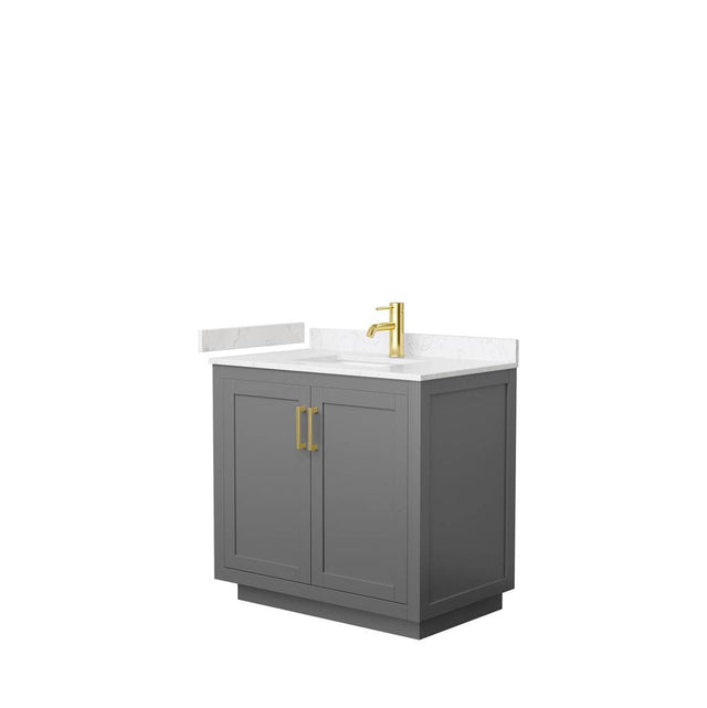 Wyndham Collection - Miranda 36 Inch Single Bathroom Vanity in Dark Gray, Carrara Cultured Marble Countertop, Undermount Square Sink, Brushed Gold Trim