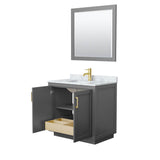 Miranda 36 Inch Single Bathroom Vanity in Dark Gray, White Carrara Marble Countertop, Undermount Square Sink, Brushed Gold Trim, 34 Inch Mirror