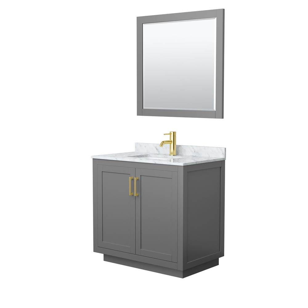 Wyndham Collection - Miranda 36 Inch Single Bathroom Vanity in Dark Gray, White Carrara Marble Countertop, Undermount Square Sink, Brushed Gold Trim, 34 Inch Mirror
