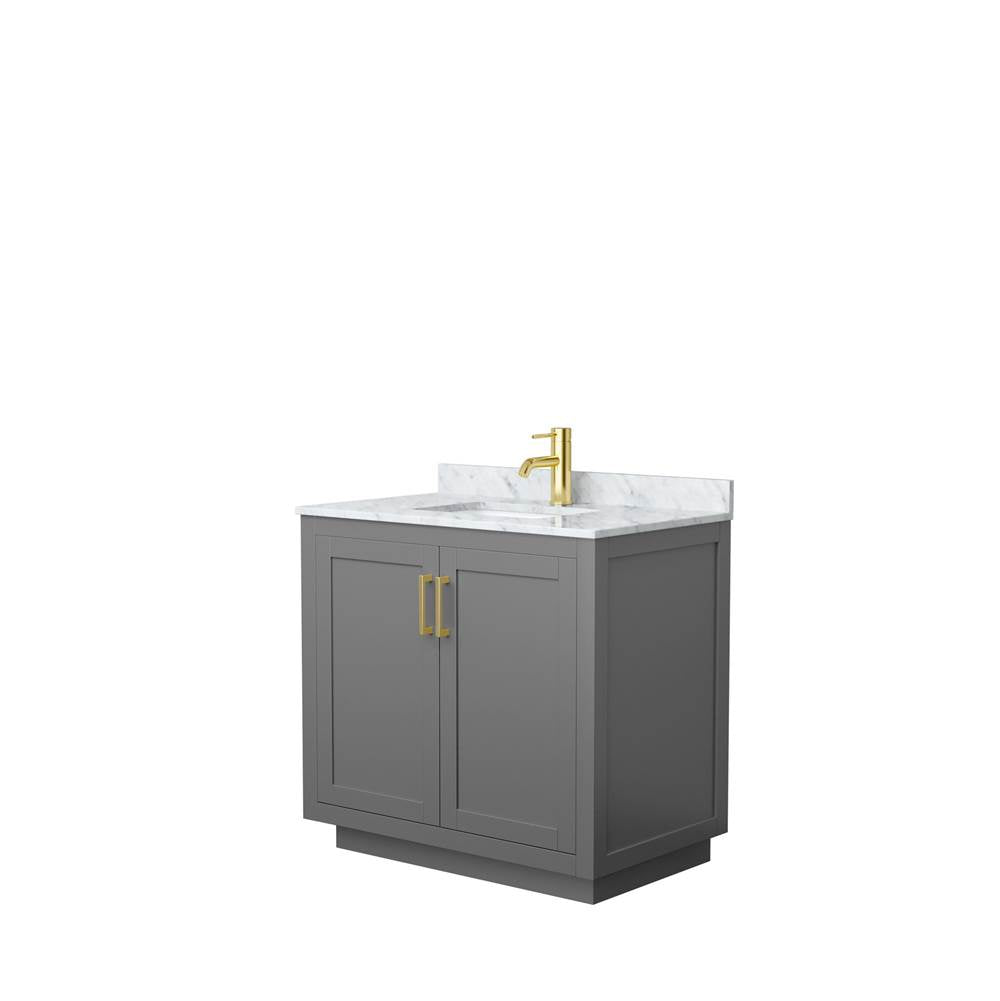 Wyndham Collection - Miranda 36 Inch Single Bathroom Vanity in Dark Gray, White Carrara Marble Countertop, Undermount Square Sink, Brushed Gold Trim