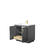Miranda 36 Inch Single Bathroom Vanity in Dark Gray, 1.25 Inch Thick Matte White Solid Surface Countertop, Integrated Sink, Brushed Gold Trim