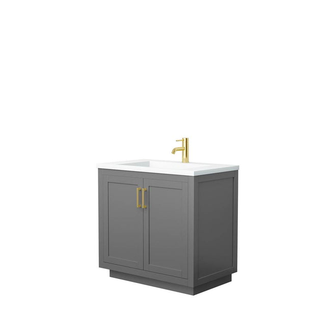 Wyndham Collection - Miranda 36 Inch Single Bathroom Vanity in Dark Gray, 1.25 Inch Thick Matte White Solid Surface Countertop, Integrated Sink, Brushed Gold Trim