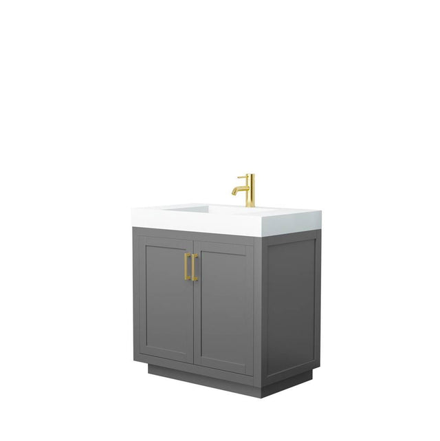 Wyndham Collection - Miranda 36 Inch Single Bathroom Vanity in Dark Gray, 4 Inch Thick Matte White Solid Surface Countertop, Integrated Sink, Brushed Gold Trim