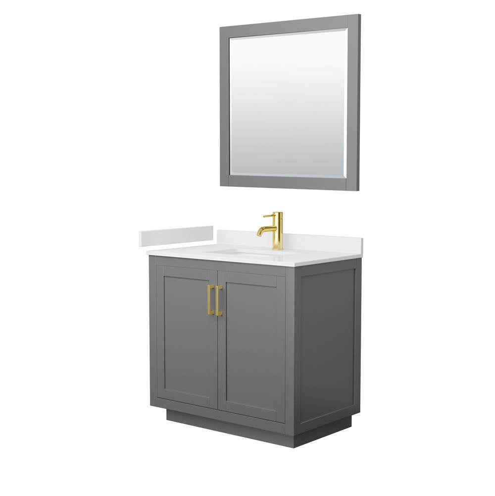 Wyndham Collection - Miranda 36 Inch Single Bathroom Vanity in Dark Gray, White Cultured Marble Countertop, Undermount Square Sink, Brushed Gold Trim, 34 Inch Mirror
