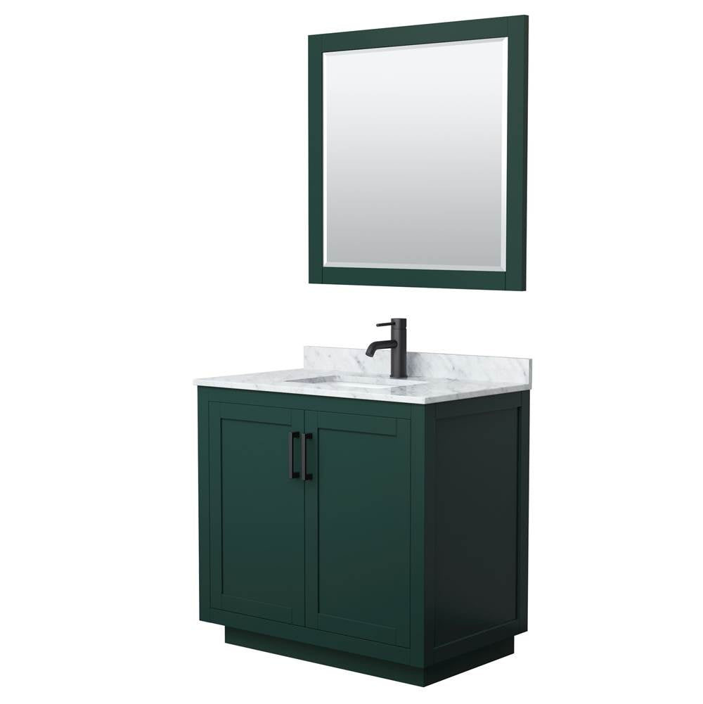 Wyndham Collection - Miranda 36 Inch Single Bathroom Vanity in Green, White Carrara Marble Countertop, Undermount Square Sink, Matte Black Trim, 34 Inch Mirror