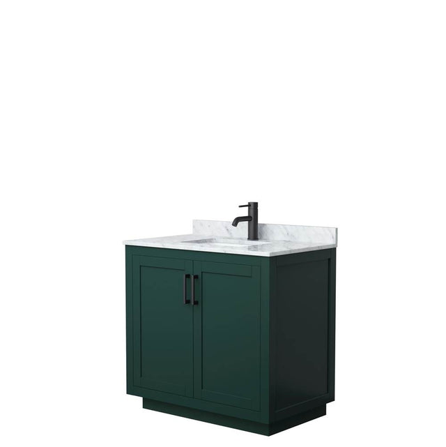 Wyndham Collection - Miranda 36 Inch Single Bathroom Vanity in Green, White Carrara Marble Countertop, Undermount Square Sink, Matte Black Trim