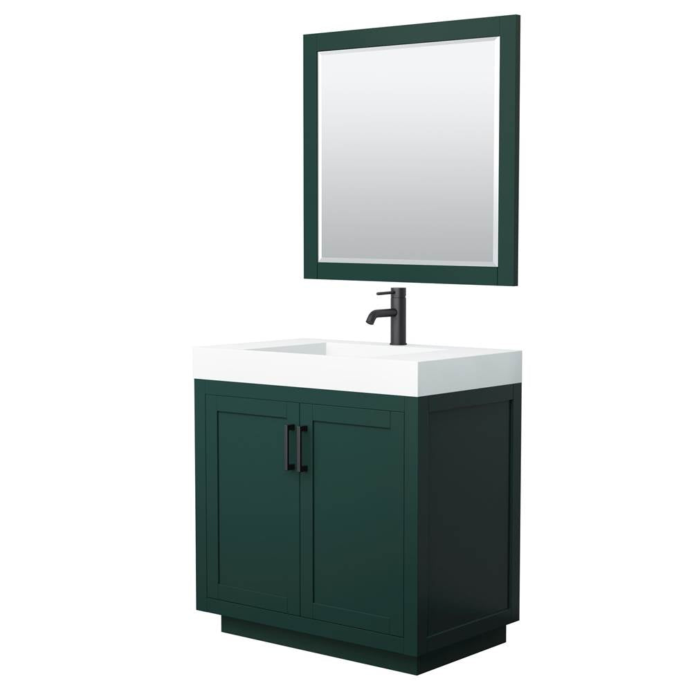 Wyndham Collection - Miranda 36 Inch Single Bathroom Vanity in Green, 4 Inch Thick Matte White Solid Surface Countertop, Integrated Sink, Matte Black Trim, 34 Inch Mirror