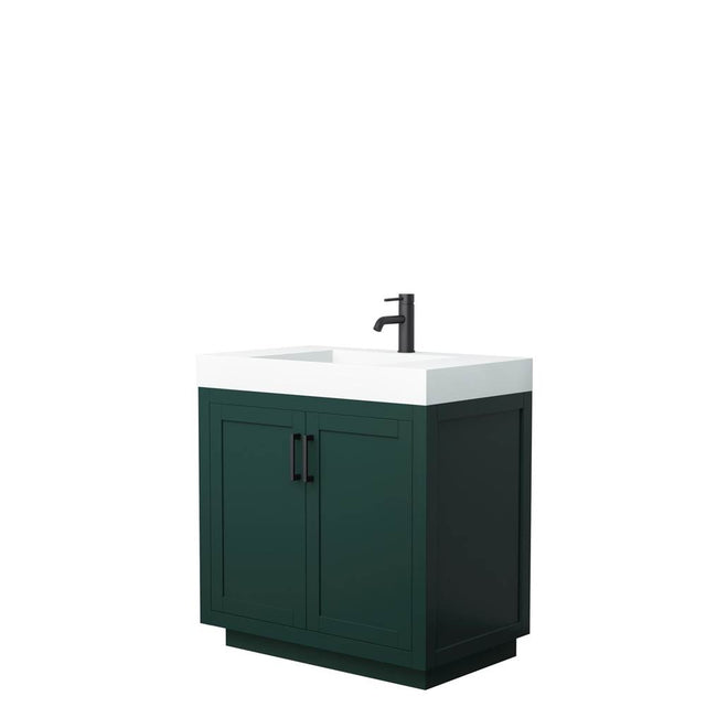 Wyndham Collection - Miranda 36 Inch Single Bathroom Vanity in Green, 4 Inch Thick Matte White Solid Surface Countertop, Integrated Sink, Matte Black Trim