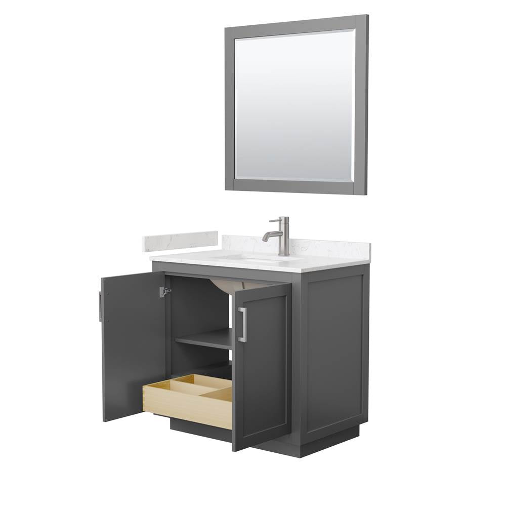 Miranda 36 Inch Single Bathroom Vanity in Dark Gray, Carrara Cultured Marble Countertop, Undermount Square Sink, Brushed Nickel Trim, 34 Inch Mirror