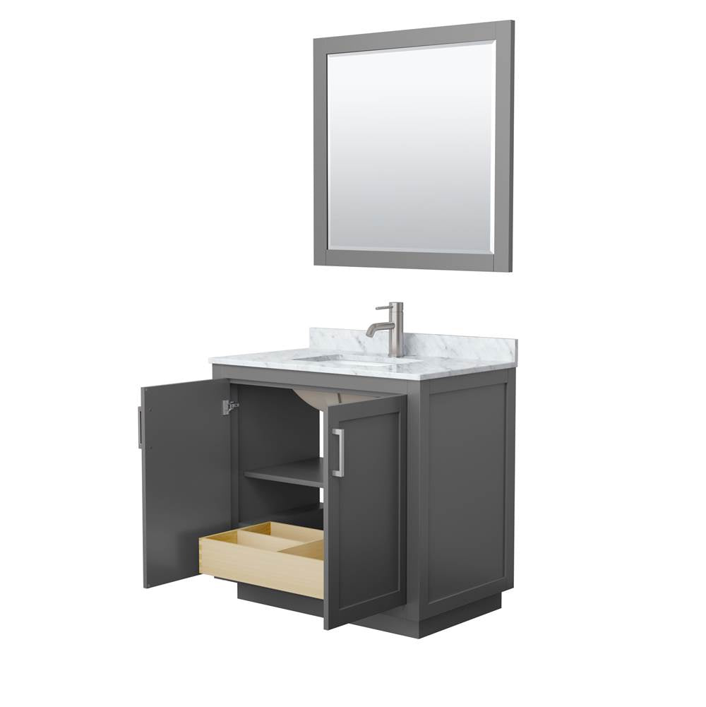 Miranda 36 Inch Single Bathroom Vanity in Dark Gray, White Carrara Marble Countertop, Undermount Square Sink, Brushed Nickel Trim, 34 Inch Mirror