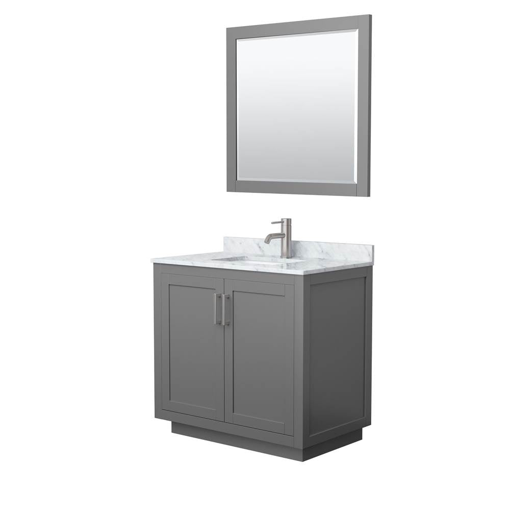 Wyndham Collection - Miranda 36 Inch Single Bathroom Vanity in Dark Gray, White Carrara Marble Countertop, Undermount Square Sink, Brushed Nickel Trim, 34 Inch Mirror