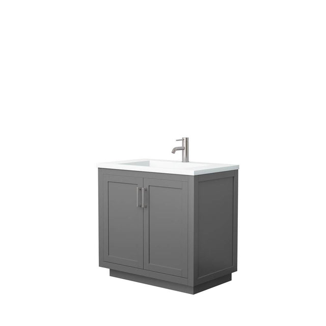 Wyndham Collection - Miranda 36 Inch Single Bathroom Vanity in Dark Gray, 1.25 Inch Thick Matte White Solid Surface Countertop, Integrated Sink, Brushed Nickel Trim