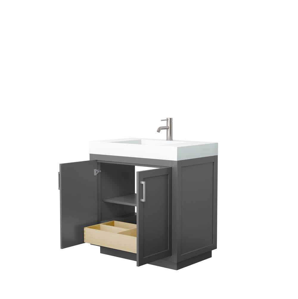 Miranda 36 Inch Single Bathroom Vanity in Dark Gray, 4 Inch Thick Matte White Solid Surface Countertop, Integrated Sink, Brushed Nickel Trim