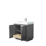 Miranda 36 Inch Single Bathroom Vanity in Dark Gray, 4 Inch Thick Matte White Solid Surface Countertop, Integrated Sink, Brushed Nickel Trim
