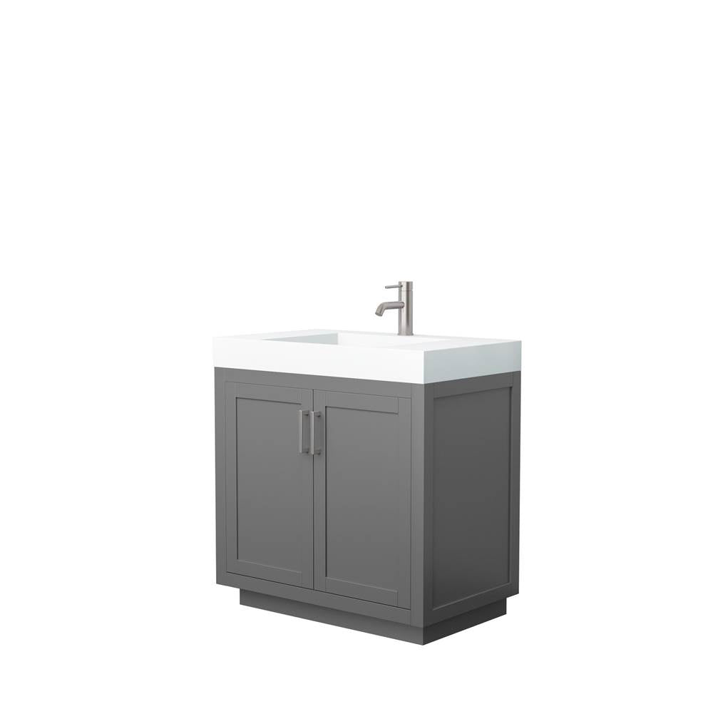 Wyndham Collection - Miranda 36 Inch Single Bathroom Vanity in Dark Gray, 4 Inch Thick Matte White Solid Surface Countertop, Integrated Sink, Brushed Nickel Trim