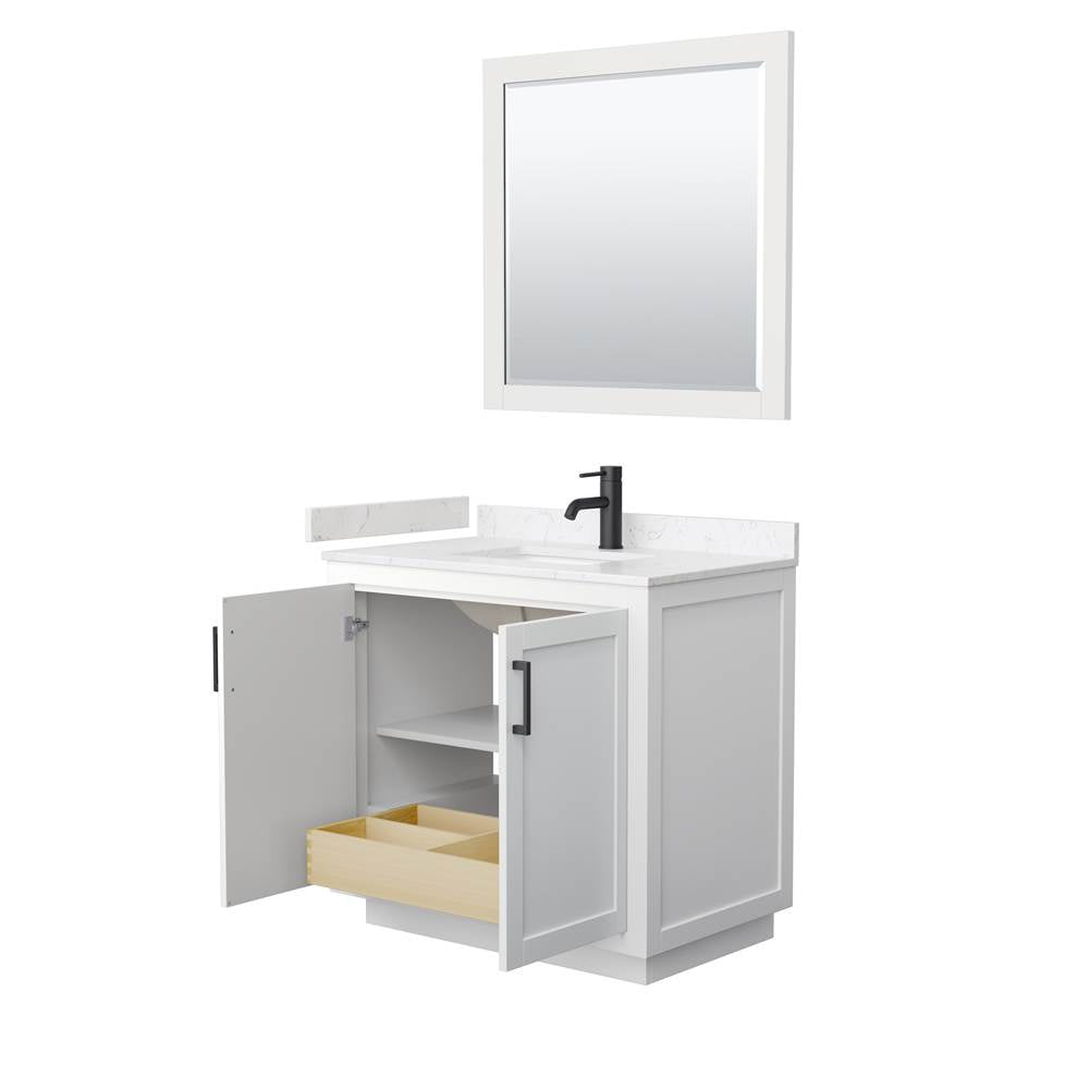 Miranda 36 Inch Single Bathroom Vanity in White, Carrara Cultured Marble Countertop, Undermount Square Sink, Matte Black Trim, 34 Inch Mirror