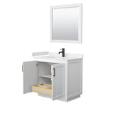 Miranda 36 Inch Single Bathroom Vanity in White, Carrara Cultured Marble Countertop, Undermount Square Sink, Matte Black Trim, 34 Inch Mirror