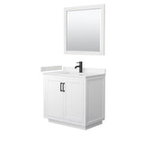 Wyndham Collection - Miranda 36 Inch Single Bathroom Vanity in White, Carrara Cultured Marble Countertop, Undermount Square Sink, Matte Black Trim, 34 Inch Mirror