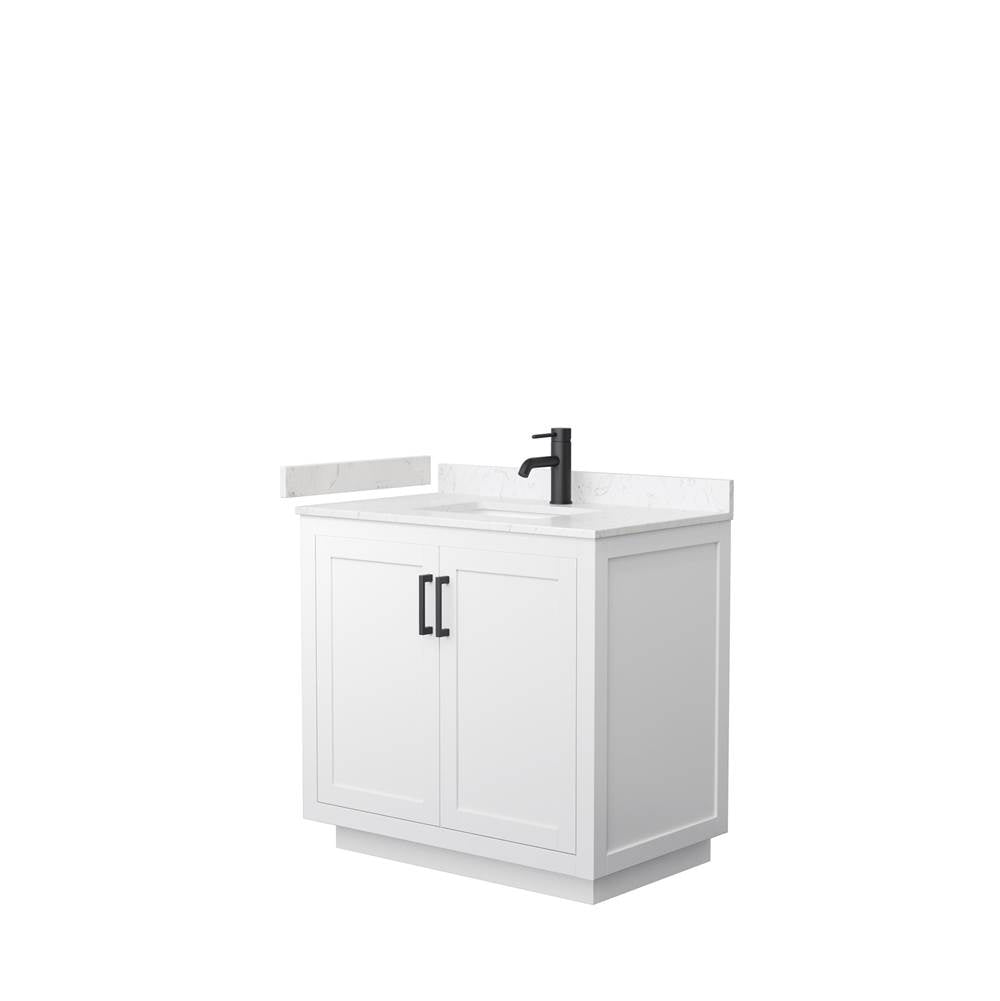 Wyndham Collection - Miranda 36 Inch Single Bathroom Vanity in White, Carrara Cultured Marble Countertop, Undermount Square Sink, Matte Black Trim