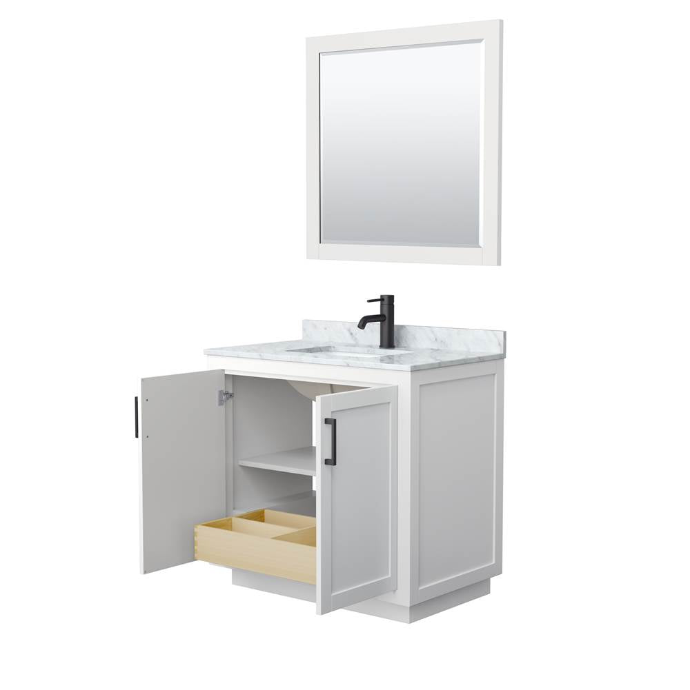 Miranda 36 Inch Single Bathroom Vanity in White, White Carrara Marble Countertop, Undermount Square Sink, Matte Black Trim, 34 Inch Mirror