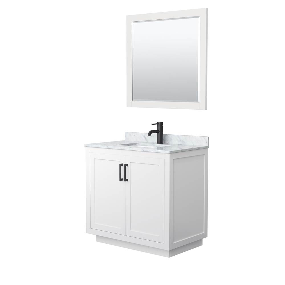 Wyndham Collection - Miranda 36 Inch Single Bathroom Vanity in White, White Carrara Marble Countertop, Undermount Square Sink, Matte Black Trim, 34 Inch Mirror