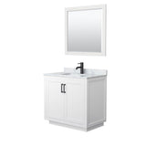 Wyndham Collection - Miranda 36 Inch Single Bathroom Vanity in White, White Carrara Marble Countertop, Undermount Square Sink, Matte Black Trim, 34 Inch Mirror