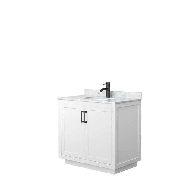 Wyndham Collection - Miranda 36 Inch Single Bathroom Vanity in White, White Carrara Marble Countertop, Undermount Square Sink, Matte Black Trim