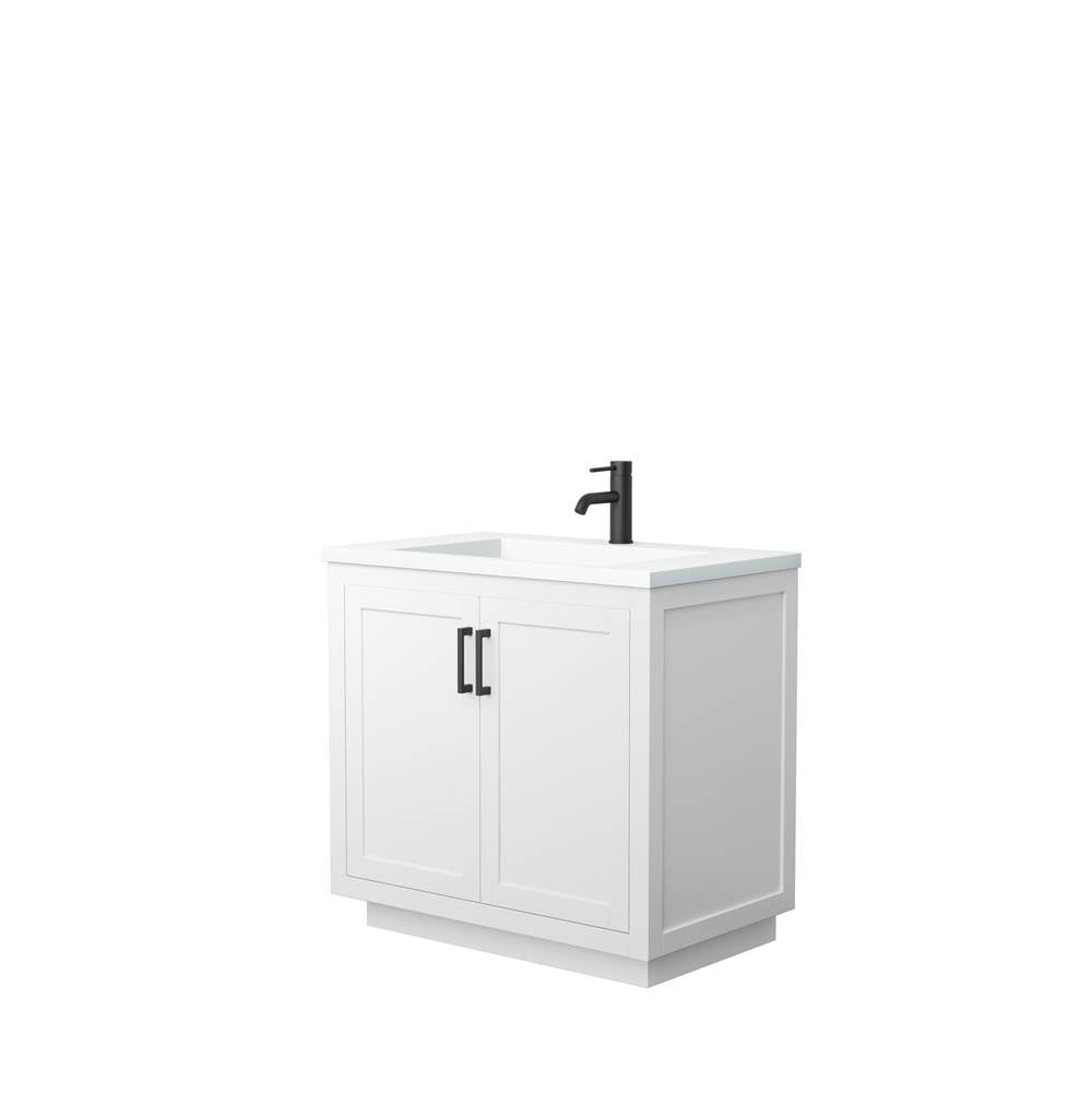 Wyndham Collection - Miranda 36 Inch Single Bathroom Vanity in White, 1.25 Inch Thick Matte White Solid Surface Countertop, Integrated Sink, Matte Black Trim