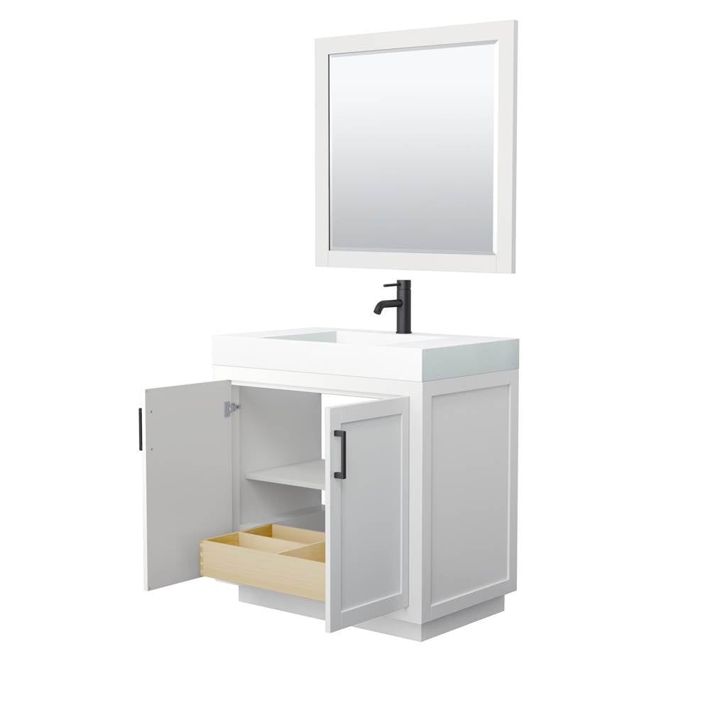 Miranda 36 Inch Single Bathroom Vanity in White, 4 Inch Thick Matte White Solid Surface Countertop, Integrated Sink, Matte Black Trim, 34 Inch Mirror