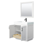 Miranda 36 Inch Single Bathroom Vanity in White, 4 Inch Thick Matte White Solid Surface Countertop, Integrated Sink, Matte Black Trim, 34 Inch Mirror