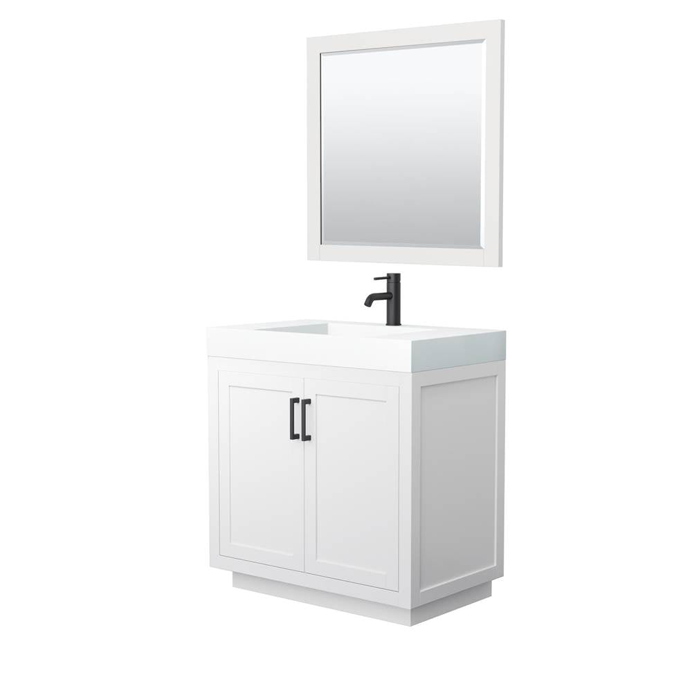 Wyndham Collection - Miranda 36 Inch Single Bathroom Vanity in White, 4 Inch Thick Matte White Solid Surface Countertop, Integrated Sink, Matte Black Trim, 34 Inch Mirror