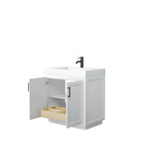 Miranda 36 Inch Single Bathroom Vanity in White, 4 Inch Thick Matte White Solid Surface Countertop, Integrated Sink, Matte Black Trim
