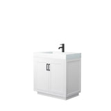 Wyndham Collection - Miranda 36 Inch Single Bathroom Vanity in White, 4 Inch Thick Matte White Solid Surface Countertop, Integrated Sink, Matte Black Trim
