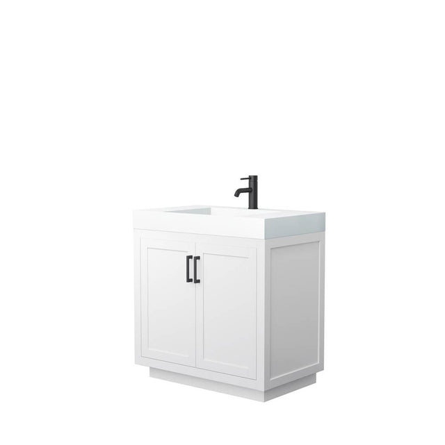 Wyndham Collection - Miranda 36 Inch Single Bathroom Vanity in White, 4 Inch Thick Matte White Solid Surface Countertop, Integrated Sink, Matte Black Trim