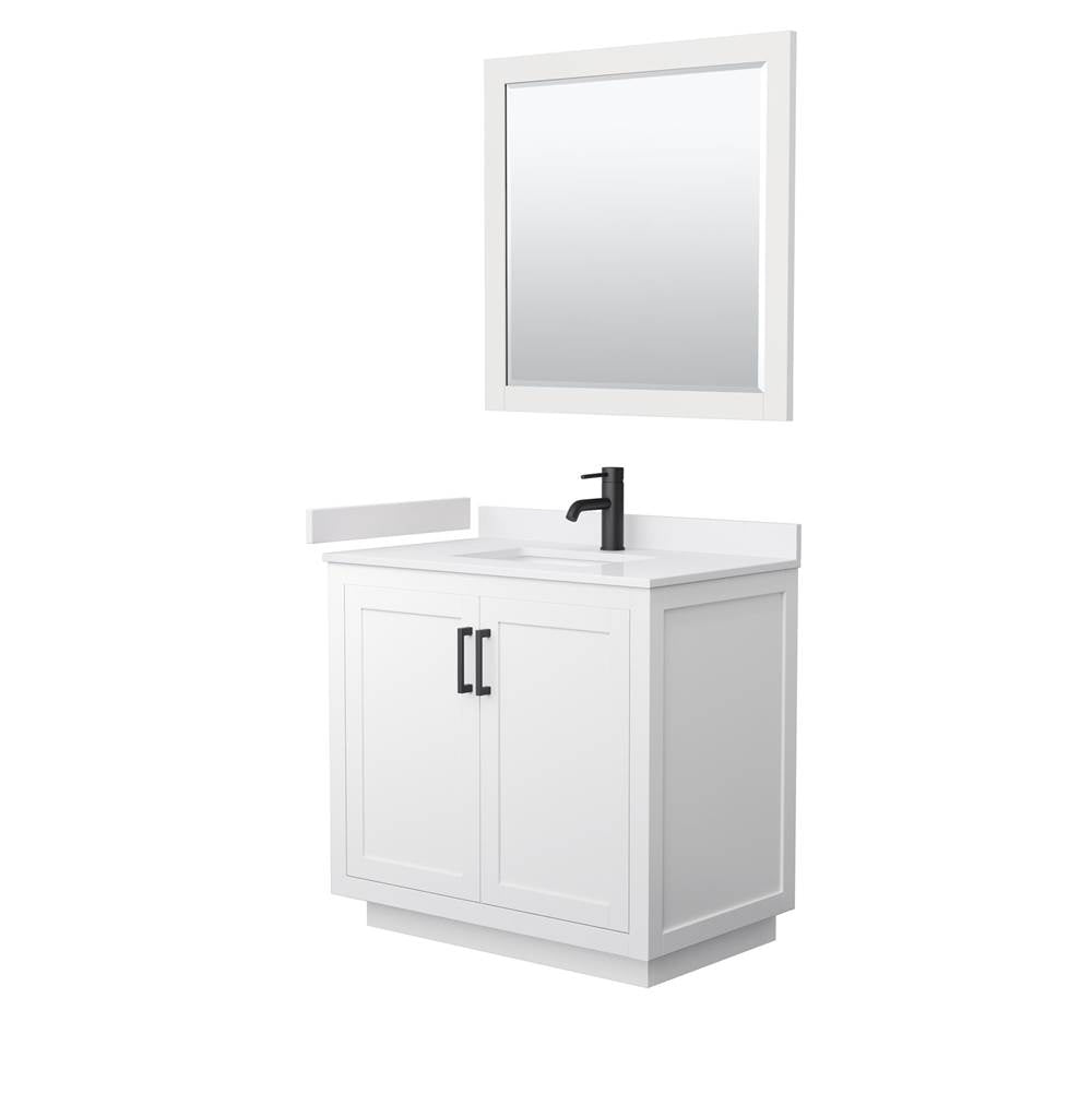 Wyndham Collection - Miranda 36 Inch Single Bathroom Vanity in White, White Cultured Marble Countertop, Undermount Square Sink, Matte Black Trim, 34 Inch Mirror