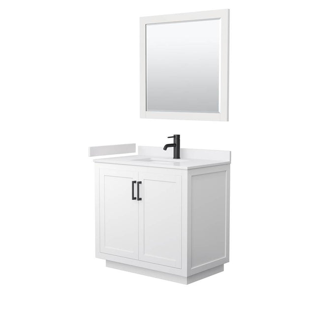 Wyndham Collection - Miranda 36 Inch Single Bathroom Vanity in White, White Cultured Marble Countertop, Undermount Square Sink, Matte Black Trim, 34 Inch Mirror