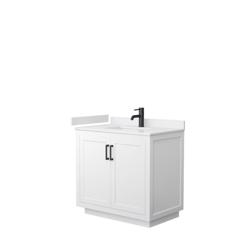 Wyndham Collection - Miranda 36 Inch Single Bathroom Vanity in White, White Cultured Marble Countertop, Undermount Square Sink, Matte Black Trim