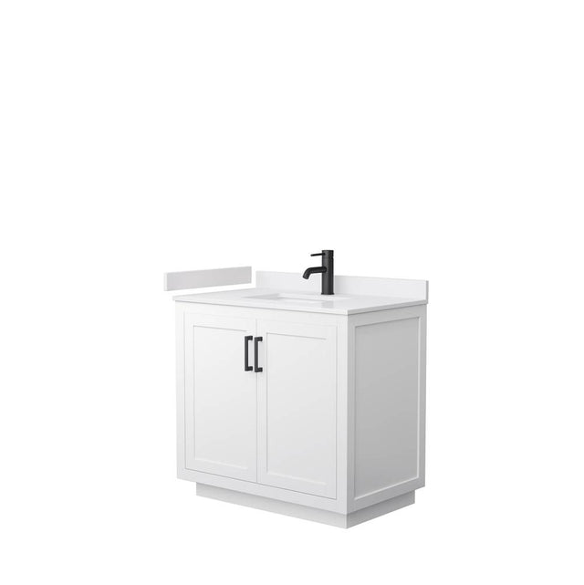Wyndham Collection - Miranda 36 Inch Single Bathroom Vanity in White, White Cultured Marble Countertop, Undermount Square Sink, Matte Black Trim