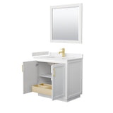 Miranda 36 Inch Single Bathroom Vanity in White, Carrara Cultured Marble Countertop, Undermount Square Sink, Brushed Gold Trim, 34 Inch Mirror