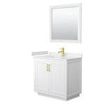 Wyndham Collection - Miranda 36 Inch Single Bathroom Vanity in White, Carrara Cultured Marble Countertop, Undermount Square Sink, Brushed Gold Trim, 34 Inch Mirror