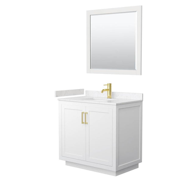 Wyndham Collection - Miranda 36 Inch Single Bathroom Vanity in White, Carrara Cultured Marble Countertop, Undermount Square Sink, Brushed Gold Trim, 34 Inch Mirror