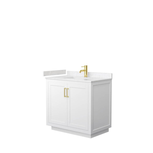 Wyndham Collection - Miranda 36 Inch Single Bathroom Vanity in White, Carrara Cultured Marble Countertop, Undermount Square Sink, Brushed Gold Trim