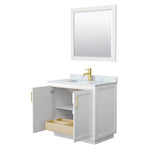 Miranda 36 Inch Single Bathroom Vanity in White, White Carrara Marble Countertop, Undermount Square Sink, Brushed Gold Trim, 34 Inch Mirror