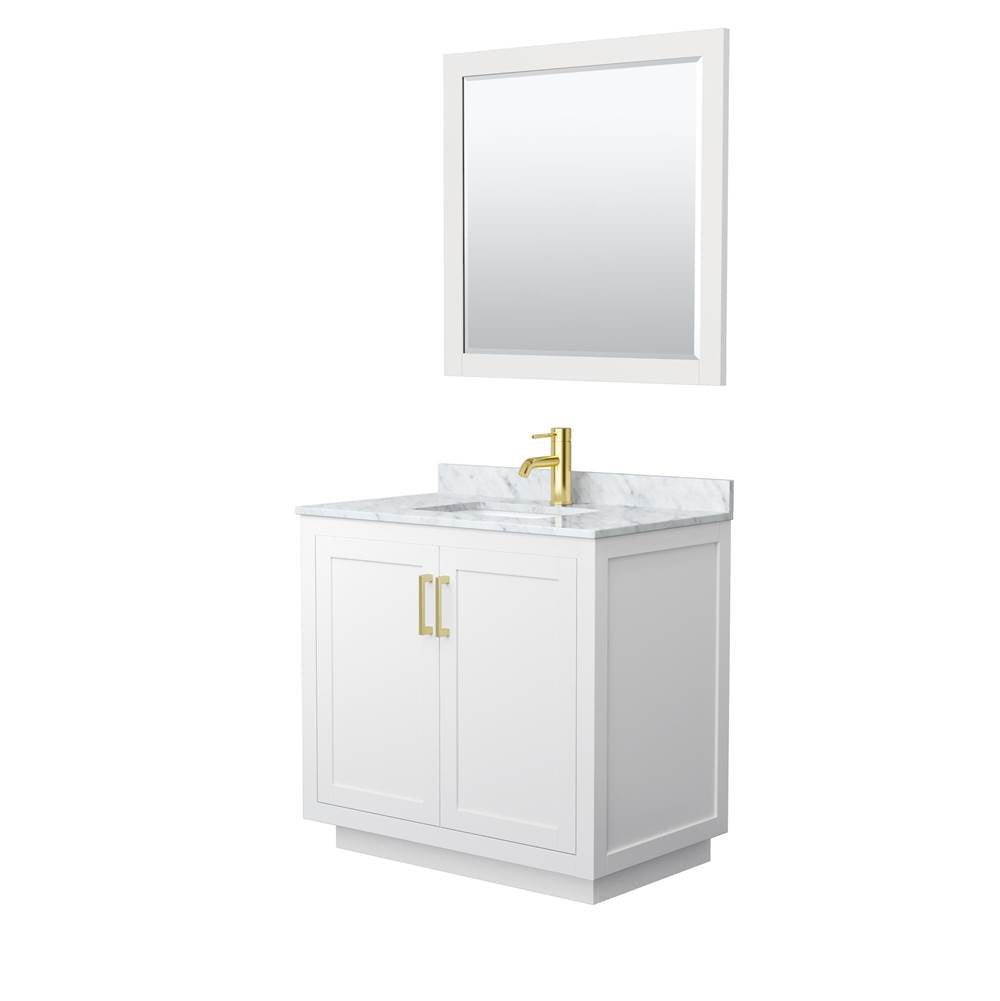 Wyndham Collection - Miranda 36 Inch Single Bathroom Vanity in White, White Carrara Marble Countertop, Undermount Square Sink, Brushed Gold Trim, 34 Inch Mirror